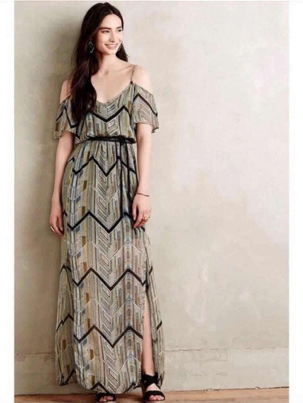 Anthropologie ELLA MOSS 100% SILK Cold Shoulder Maxi Dress Free People Mazatlan